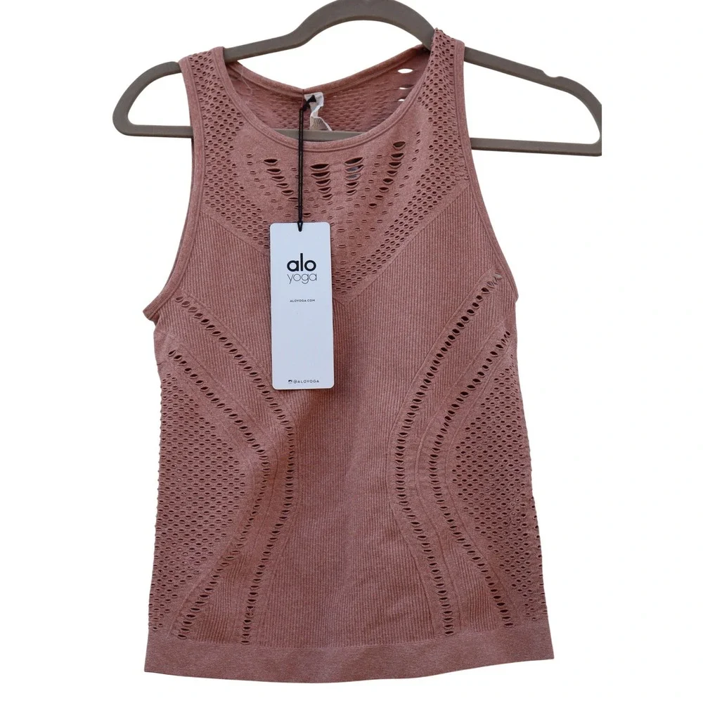 Alo Yoga Siren Tank Top Dusty Rose Pink Ribbed Pointelle Laser Cut NWT SIZE S